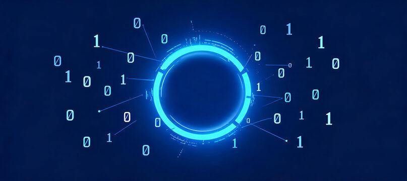 Glowing blue tech circle connects binary digits, representing digital data flow and information transfer in modern technology.