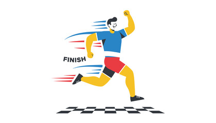 Obraz premium Athletic male runner joyfully crossing the black and white checkered finish line during an outdoor race marathon.