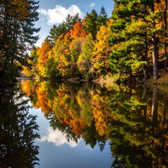 Vibrant autumn forest reflected in calm water under a blue sky © one_grapich