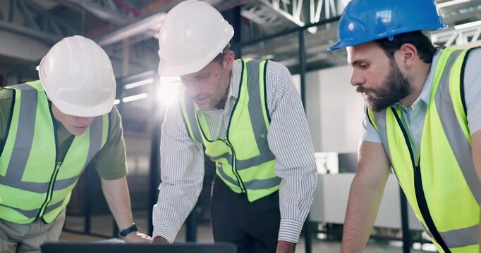 Engineer, men and construction team with laptop, planning or renovation idea for maintenance. Computer, architect and discussion with review for building design, safety compliance or flare in office