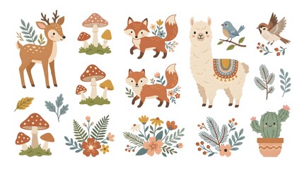 Fototapeta premium Cute woodland animals vector illustration. Folk art style featuring deer, fox, owl, llama, squirrel, forest flowers, and nature elements for creative design and decorative patterns.