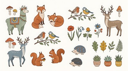 Naklejka premium Cute woodland animals vector illustration. Folk art style featuring deer, fox, owl, llama, squirrel, forest flowers, and nature elements for creative design and decorative patterns.