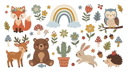 Fototapeta premium Cute woodland animals vector illustration. Folk art style featuring deer, fox, owl, llama, squirrel, forest flowers, and nature elements for creative design and decorative patterns.