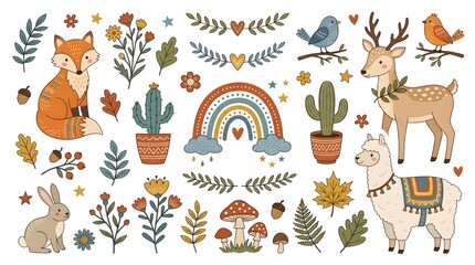 Obraz premium Cute woodland animals vector illustration. Folk art style featuring deer, fox, owl, llama, squirrel, forest flowers, and nature elements for creative design and decorative patterns.