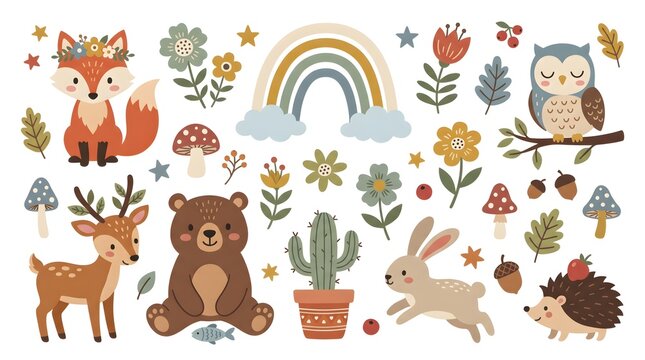 Cute woodland animals vector illustration. Folk art style featuring deer, fox, owl, llama, squirrel, forest flowers, and nature elements for creative design and decorative patterns.