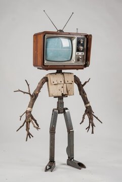 Vintage TV Head Robot Sculpture With Tree Branch Arms Legs Rusty Metal Frame Industrial Art Installation