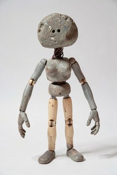 Rusty Stone Head Figure Art Sculpture With Wooden Joints And Metal Limbs On White Background
