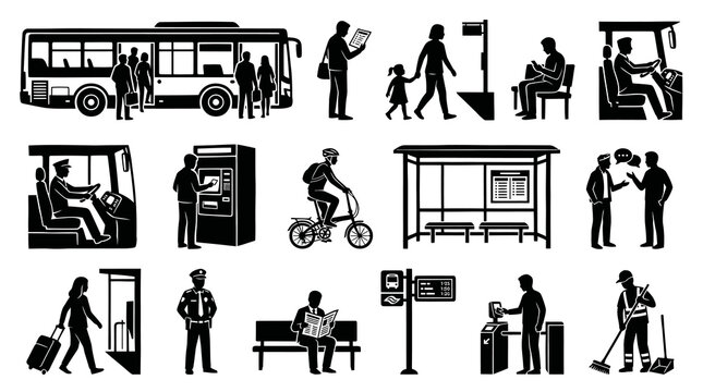 Public Transport  Urban Life Glyph Icons. City Commuting, People, Public Services Black  White Silhouette Set.