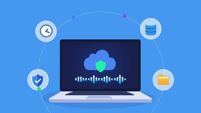 Animated flat vector motion graphic featuring an AI secure cloud storage interface on a laptop with security, database, folder, and refresh icons. Ideal for cloud computing, data protection, and artif