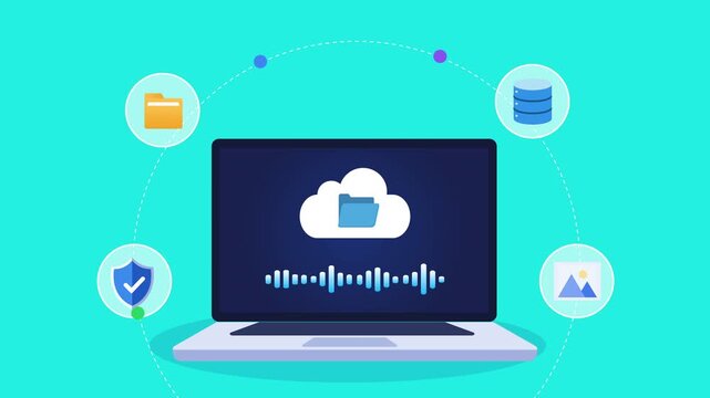 Animated flat vector motion graphic featuring an AI cloud backup interface on a laptop with storage, security, database, folder, image, and chatbot icons. Ideal for cloud computing and data protection