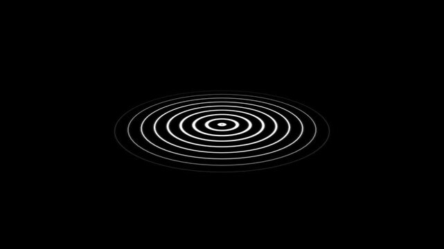 white radio wave signal animated on black background, digital radio waves circle expanding outward, glowing frequency rings pulsing smoothly. bright signal motion, alpha channel seamless loop.