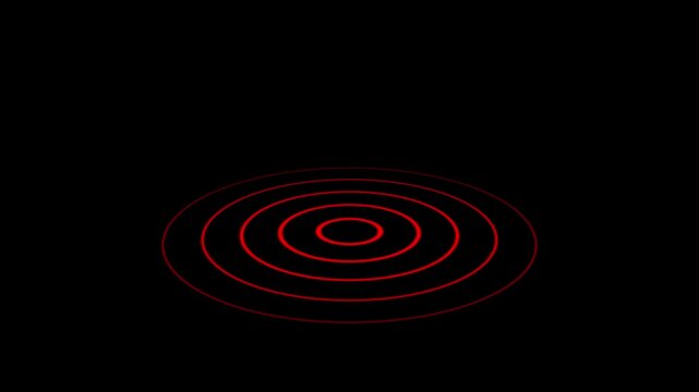 digital radio wave animation on black background, red glowing circles spreading in rhythmic pattern, electromagnetic signal flow. frequency wave visualization, alpha channel seamless loop.