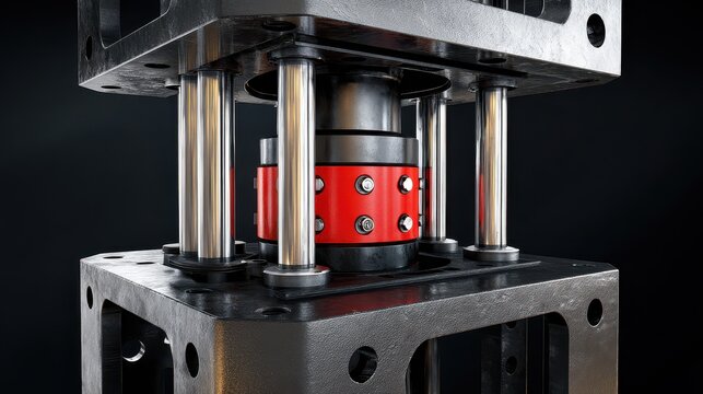mechanical press with red components and metallic structure featuring machine