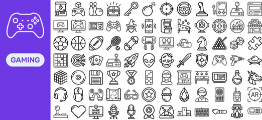 Gaming and esports outline icon set. Featuring controller, arcade machine, VR headset, trophy, and joystick symbols. Editable stroke vector icons for entertainment apps and tournaments. © syna