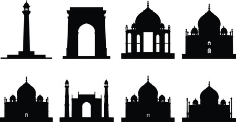 Fototapeta premium Indian Landmark and Monument Silhouette Collection Vector Icon Set