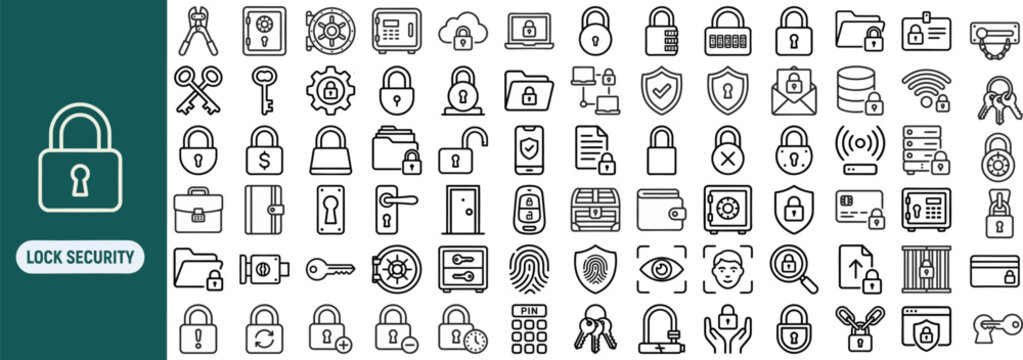 Access security outline icon set. Featuring padlock, key, fingerprint, safe, and protected folder symbols. Editable stroke vector icons for cybersecurity software and identity verification.