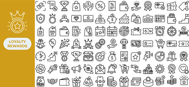 Customer loyalty outline icon set. Featuring discount coupon, reward points, membership card, medal, and cashback symbols. Editable stroke vector icons for retail programs and retention campaigns.
