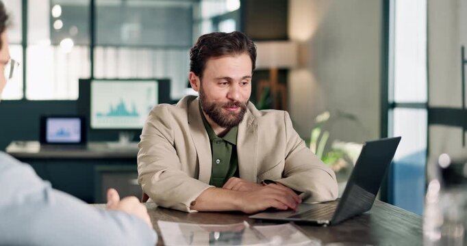 Laptop, businessman and handshake in office for investment deal, negotiation success and smile. Computer, people and shaking hands in company for financial collaboration, partnership or agreement