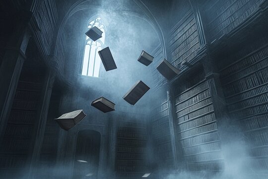 Mystical library filled with flying books creating an atmosphere of mystery