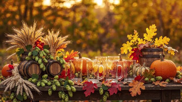Autumn Harvest Celebration with Beer Mugs Pumpkins and Hops