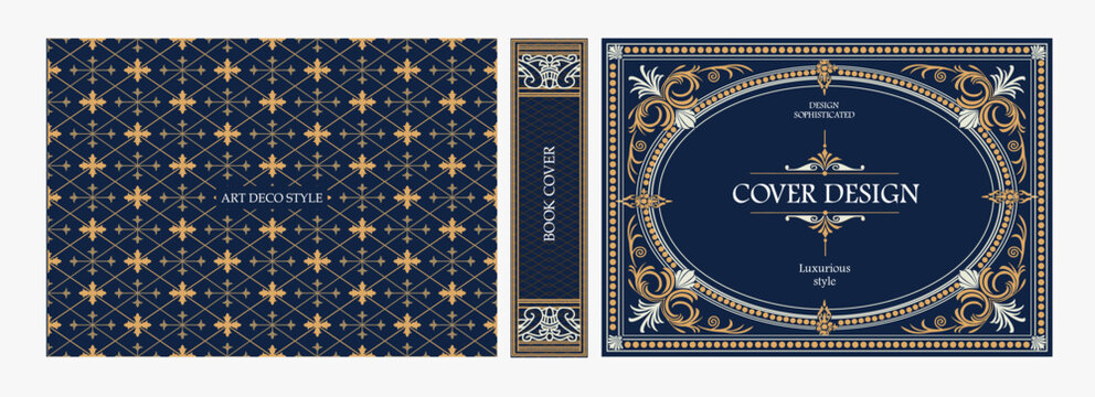 Elegant horizontal vintage book cover design with ornate Art Deco frame, geometric decorative ornaments, and luxurious retro style for publications, albums, posters, and premium layouts