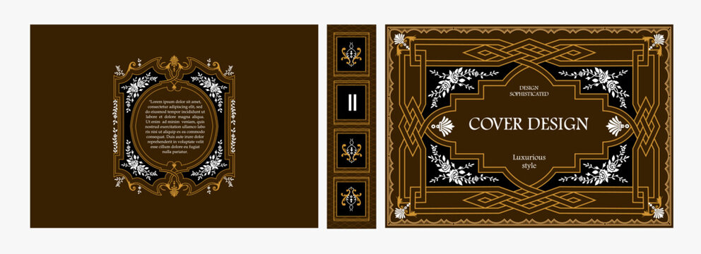 Elegant horizontal vintage book cover design with ornate Art Deco frame, geometric decorative ornaments, and luxurious retro style for publications, albums, posters, and premium layouts