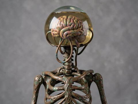 Bronze skeleton with glass brain model, surreal science fiction sculpture, detailed anatomical display