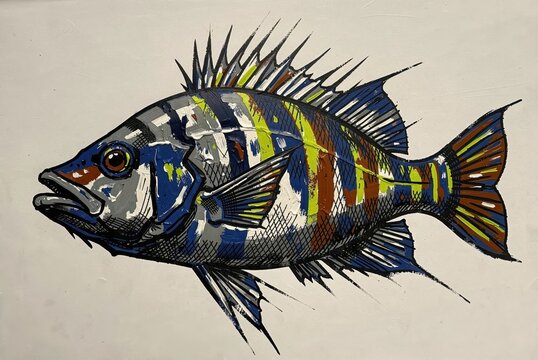 Vibrant Striped Fish Illustration with Bold Colors and Dynamic Spines Against Neutral Background