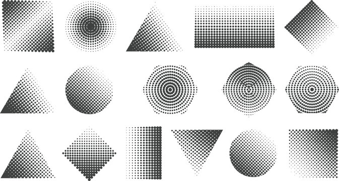 Halftone geometric shapes collection featuring various dots patterns in black and white minimalist graphic style