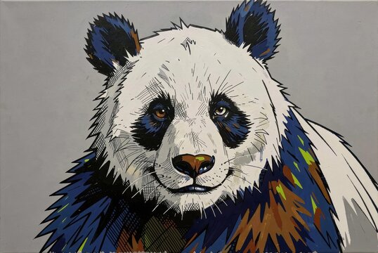 Vibrant Pop Art Panda Portrait with Bold Blue Orange Accents on Gray Background