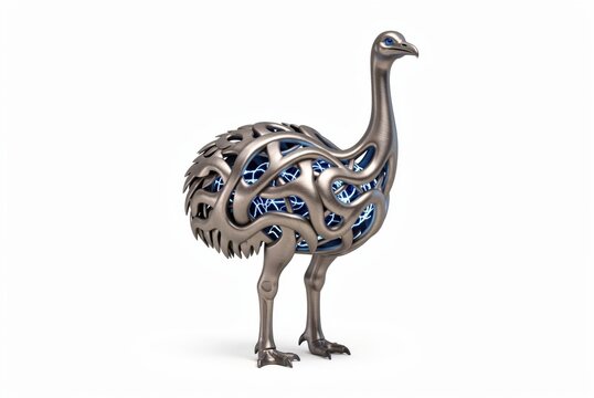 Futuristic metallic ostrich sculpture glowing blue energy intricate design modern abstract animal artwork