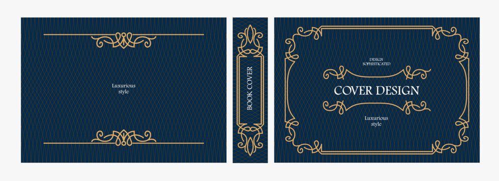 Elegant horizontal vintage book cover design with ornate Art Deco frame, geometric decorative ornaments, and luxurious retro style for publications, albums, posters, and premium layouts