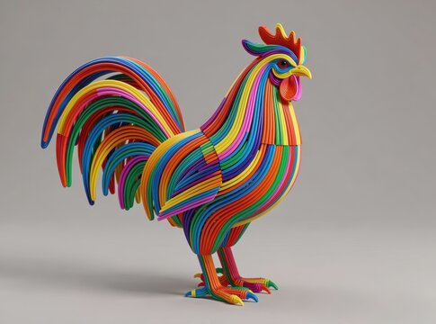 Vibrant Rainbow Rooster Sculpture Made of Curved Plastic Strips Standing Against Neutral Gray Background