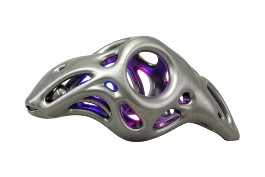 Sleek metallic abstract sculpture glowing with purple internal light against white background
