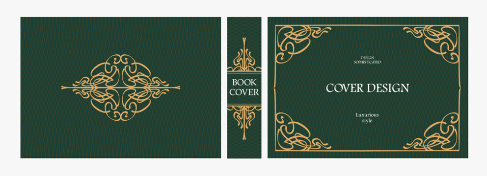 Elegant horizontal vintage book cover design with ornate Art Deco frame, geometric decorative ornaments, and luxurious retro style for publications, albums, posters, and premium layouts