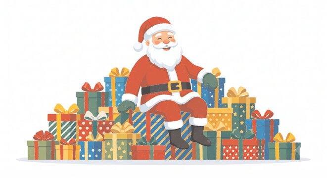 Cheerful Santa Claus with Pile of Christmas Gift Boxes Vector Illustration