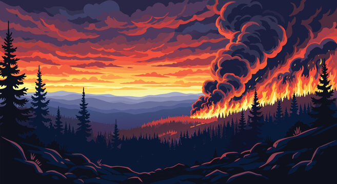 Wildfire Forest Disaster Vector Illustration Design Showing Intense Flames Consuming Nature Landscape Under A Dramatic Sunset Sky 14