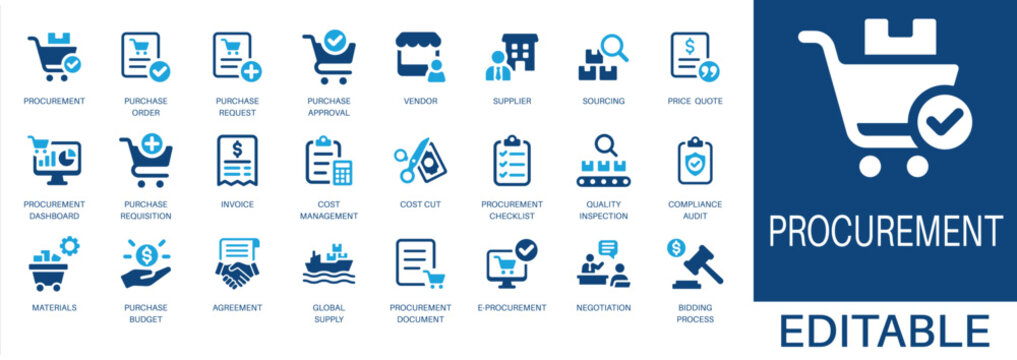 Procurement and sourcing solid icon set. Featuring purchase order, cost management, vendor, supplier, global supply, and compliance audit. Editable vector glyphs for supply chain and B2B.