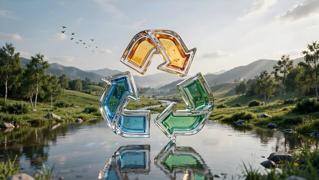 Translucent glass recycling arrows in natural landscape - Ideal for environmental preservation, green tourism, or sustainable development.