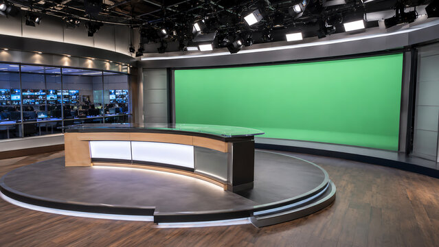 A modern studio setup featuring a green screen backdrop, perfect for video production, news broadcasting, or creative content creation.