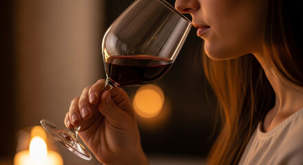 Naklejka premium Woman smelling red wine in a crystal glass during a tasting session in a warm dimly lit room.
