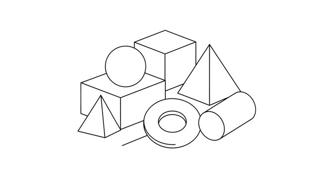 A collection of various basic 3D geometric shapes in a simple outline drawing style.