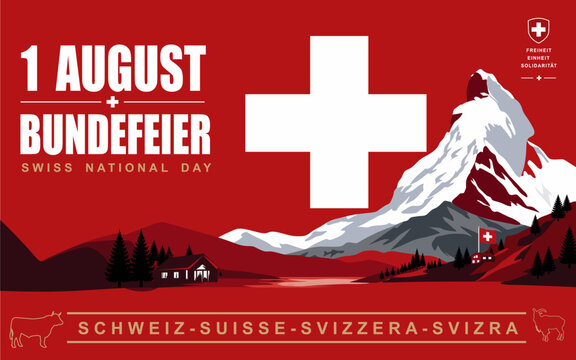 Swiss National Day August 1 Banner with Matterhorn Mountain and Swiss Flag. alpine landscape, and patriotic red theme. Perfect for national celebrations, tourism promotions and social media.