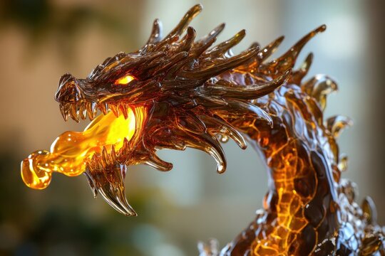 Fantasy dragon head coated in shiny amber syrup breathing hot liquid golden flames