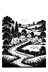Naklejka premium Black and white woodcut style illustration of a rural village landscape