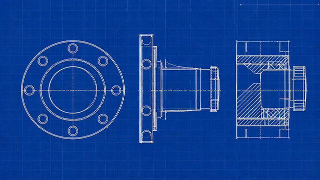 This is a technical engineering blueprint showing a flanged mechanical coupling component with front, side and cross-section views for manufacturing reference.
