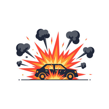 A stylized illustration of a vehicle exploding in a bright orange fireball