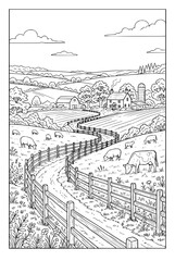 Obraz premium Rural Farm Landscape Coloring Page with Cows Sheep and Farmhouse
