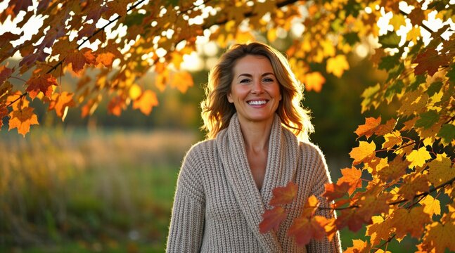 Happy woman wears beige knitted sweater standing outdoors during golden hour. Mature lady smiles enjoying warm autumn sunlight between yellow foliage trees. Person relaxes in park landscape with fall