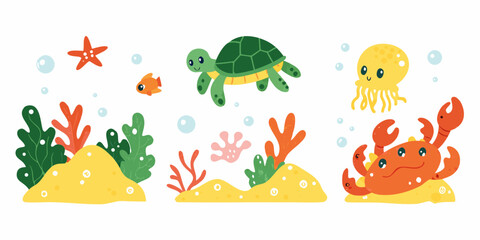 Underwater marine life vector illustration with starfish turtle jellyfish and crab © Nova